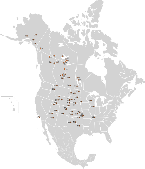 Distribution of public herds of plains bison and of free-ranging or captive breeding wood bison in North America as of 2003  Wood bison  Plains bison