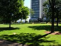 A view of the campus of Stevens Institute of Technology, with the Wesley J. Howe Center in the background.