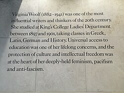 Plaque describing Virginia's time at King's College London, on the Virginia Woolf Building there
