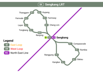 A map of the Sengkang LRT line (SKLRT), which are the two grey loops. Both loops start from and terminate at Sengkang station. Sengkang station also interchanges with the North East Line (NEL), which is illustrated as the purple line. The NEL goes from HarbourFront to Punggol Coast stations, as well as Punggol station, which is next to Sengkang station.