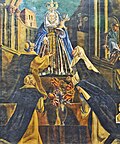 This painting depicts the Virgin giving the rosary to St. Dominic; in the scene also appear Fray Pedro de Santa María Ulloa, Saint Catherine of Siena and Servant of God, Mary of Jesus de León y Delgado. The fresco is located in the Church of Santo Domingo in San Cristóbal de La Laguna, Tenerife, Spain.