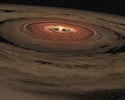 Illustration of a brown dwarf surrounded by a protoplanetary disk