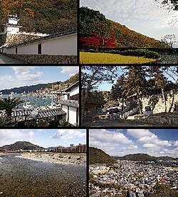 Top left:Tatsuno Castle, Top right:Tatsuno Park, Middle left:Port of Murotsu, Middle right:iinonimasu Amaterasu Shrine, Bottom left:Ibo River, Bottom right:Panorama view of downtown Tatsuno