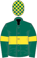 Dark green, yellow hoop and armlets, checked cap