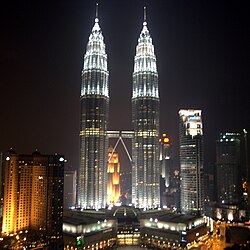 Petronas Towers, Kuala Lumpur, 1996 by Cesar Pelli and Fred Clarke, Cesar Pelli and Associates; lighting design Howard Brandston, Scott Matthews, Chou Lien, Jung Soo Kim