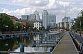Looking towards Pan Peninsula and Canary Wharf from the south end of Millwall Dock.