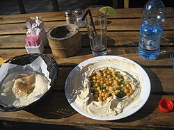Hummus platter served with Pita near Jaffa in Tel Aviv