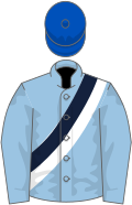 Light blue, dark blue and white sash, royal blue cap