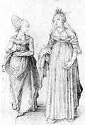 Image 1Albrecht Dürer's drawing contrasts a well-turned out bourgeoise from Nuremberg (left) with her counterpart from Venice. The Venetian lady's high chopines make her look taller. (from Fashion)