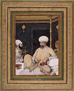 Painting of a seated sultan with two other people
