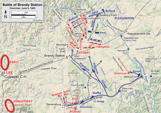 A map showing Union actions and Stuart's responses at the Battle of Brandy Station