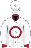 white, maroon circle and collar, maroon cuffs