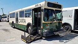 The wheelchair ramp and bicycle rack are on proud display on this bus, but there's no bike on it, so I had to get rid of the "Transport of bicycles by bus in the United States" category.