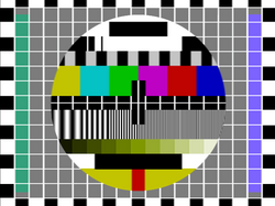 Recreation of NTSC variant as used by CBC Montreal in Canada.  The resolution gratings are unique, and the luminance staircase is eleven steps, modulated with colour burst.