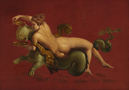 A Bacchante on a Sea Tiger (1839) by Christen Købke, based on the mural Nereide su pantera marina from Villa Arianna, Stabiae. Museo Archeologico Nazionale di Napoli.