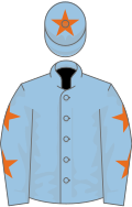 Light blue, orange stars on sleeves, light blue cap, orange star