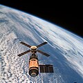 Image 27An overhead view of Skylab, the United States' first space station, in Earth orbit as photographed from the Skylab 4 Command and Service Modules. Skylab 4 was the last mission to Skylab and brought back its final crew; this photograph was the last one taken of the station before the mission re-entered Earth's atmosphere and disintegrated in 1979.