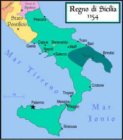 Approximate area of the Principality of Taranto within the Kingdom of Sicily, c. 1154