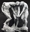 Auguste Rodin, before 1886, The three shades, plaster, 97 x 91.3 x 54.3 cm. In Dante’s Divine Comedy, the shades, i.e. the souls of the damned, stand at the entrance to Hell, pointing to an unequivocal inscription, “Abandon hope, all ye who enter here”. Rodin assembled three identical figures that seem to be turning around the same point.