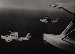 Soviet Naval Air Force Beriev MBR-2 maritime patrol flying boats are in flight, 1939