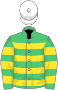 Emerald green, yellow hoops, white cap