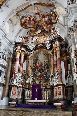 Rococo reinterpretations of the Corinthian order at the high altar in the abbey church of Ottobeuren, Germany, by Johann Michael Fischer, 1748–1754