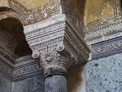 Byzantine volutes of an Ionic capital in the Hagia Sophia, Istanbul, Turkey, by Anthemius of Tralles or Isidore of Miletus, 6th century