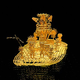 The Muisca raft, between circa 600–1600 AD. The figure refers to the ceremony of the legend of El Dorado. The zipa used to cover his body in gold dust, and from his raft, he offered treasures to the Guatavita goddess in the middle of the sacred lake. This old Muisca tradition became the origin of the legend of El Dorado.This Muisca raft figure is on display in the Gold Museum, Bogotá, Colombia.