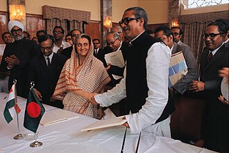 Indira Gandhi greets Mujibur Rahman in New Delhi in the aftermath of the Bangladesh Liberation War, 1972