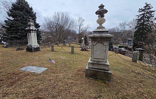 Brush family vault (bottom left, at ground level) where Eleanor Van Tassel Brush, inspiration for Irving's Katrina Van Tassel, is buried. The family cenotaph is on the right.