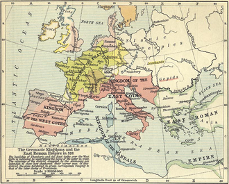 Map of Europe outlining the territorial control of the Byzantine Empire and Germanic kingdoms in 526