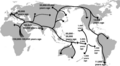 A map detailing the migratory patterns and timelines of humans moving from Africa to other continents.