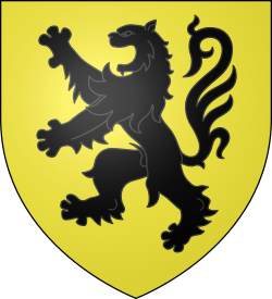 A yellow shield with a black lion rampant