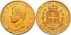 A 20 lire coin, circa 1849.