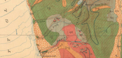 Geological map of the Kennecott and Bonanza Mine area.  "ng" is the Nikolai greenstone formation, "Trc" is the Chitistone limestone formation, while "Qrg" are rock glaciers.