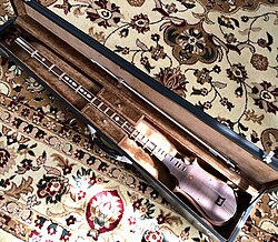 The sato is inside an open cloth-lined hard case, and the bow (similar to a violin bow) is clipped inside the lid.  The case rests on a central Asian carpet.