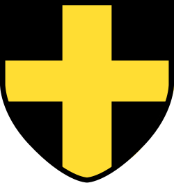 Resembling the flag of Saint David, a yellow cross on a black shield with a yellow border.