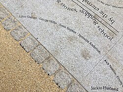 A river of words” is carved on granite slabs and identifies the important ideas, places, folk and history of the area around Stockingfield Bridge in Maryhill, Glasgow.