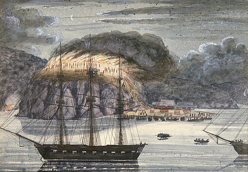 Hulme burns Otuihu whilst Pōmare is held on board HMS North Star, 30 April 1845. Artist: John Williams, 58th Regt, 1845.Alexander Turnbull Library