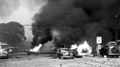 Destruction and victims during the bombing of Plaza de Mayo in 1955, the only air raid ever carried out on the city and the largest terrorist attack in the Argentina's history.