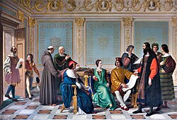 The court of Ludovico il Moro, Giuseppe Diotti (1823). Starting from the left: a page opens the door to the secretary Bartolomeo Calco. At the centre of the scene are seated Cardinal Ascanio, Duchess Beatrice and Duke Ludovico, to whom Leonardo da Vinci is showing the project for the fresco of the Last Supper. Around them are recognizable some other great personalities of the court: on the left Bramante speaks with the mathematician Fra' Luca Pacioli; on the right the musician Franchino Gaffurio, who reads a score, the poet Bernardo Bellincioni, crowned with laurel, and the historian Bernardino Corio, with his Historia di Milano under his arm.