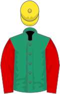 Emerald green, red sleeves, yellow cap