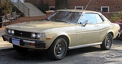 1976 Toyota Celica coupé GT (RA24, US). Note the enlarged bumpers, required by US federal law.