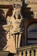 Caryatid (centre right), pediment over two left bays, Princes Street façade