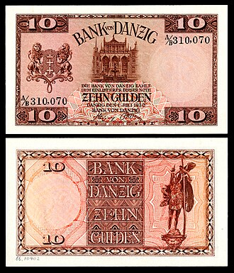 Ten Danzig gulden, by the Free City of Danzig