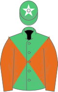 Emerald green and orange diabolo, orange sleeves, emerald green cap, white star