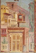 Roman fresco featuring tall residential buildings. Possibly an Alexandrian cityscape.