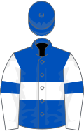 Royal blue, white hoop, white sleeves, royal blue armlet, royal blue cap