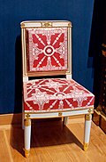 Chair; before 1810; white trimmed wood with gilt carved decoration, modern trim, red and white silk; 90 x 50.5 x 44 cm; Louvre