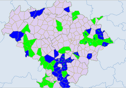 Ethnic townships in Yunnan, Sichuan, Guizhou. Light green – Yi. Blue – Miao.